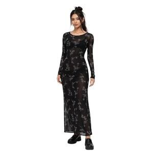 vtg 90s Black Sheer Floral Maxi Dress Long Sleeve